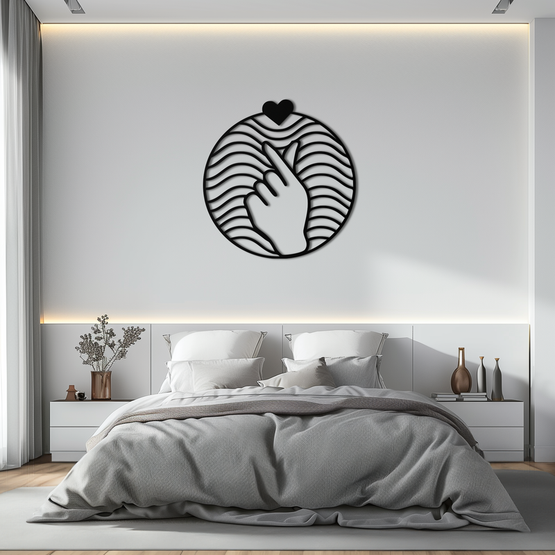 Heart Finger Love Sign Metal Wall Art - Round Minimalist Steel Decor - KAF056