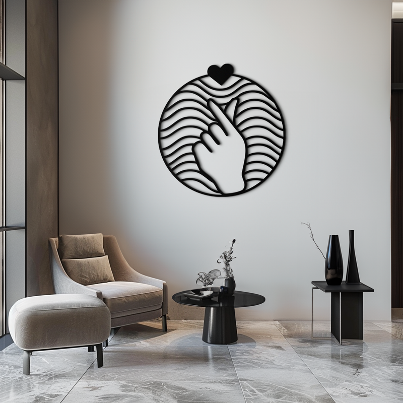 Heart Finger Love Sign Metal Wall Art - Round Minimalist Steel Decor - KAF056