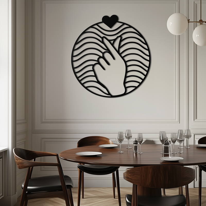 Heart Finger Love Sign Metal Wall Art - Round Minimalist Steel Decor - KAF056