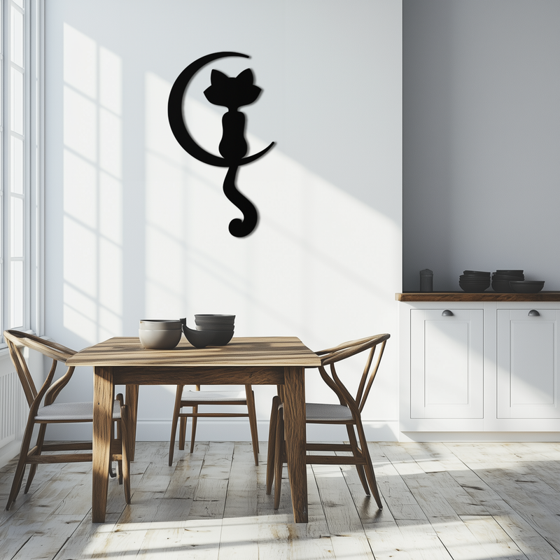 Moonlight Cat Metal Wall Art - Elegant Feline Silhouette Decor - KAF058