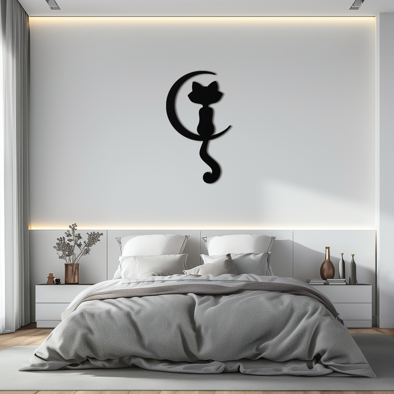 Moonlight Cat Metal Wall Art - Elegant Feline Silhouette Decor - KAF058