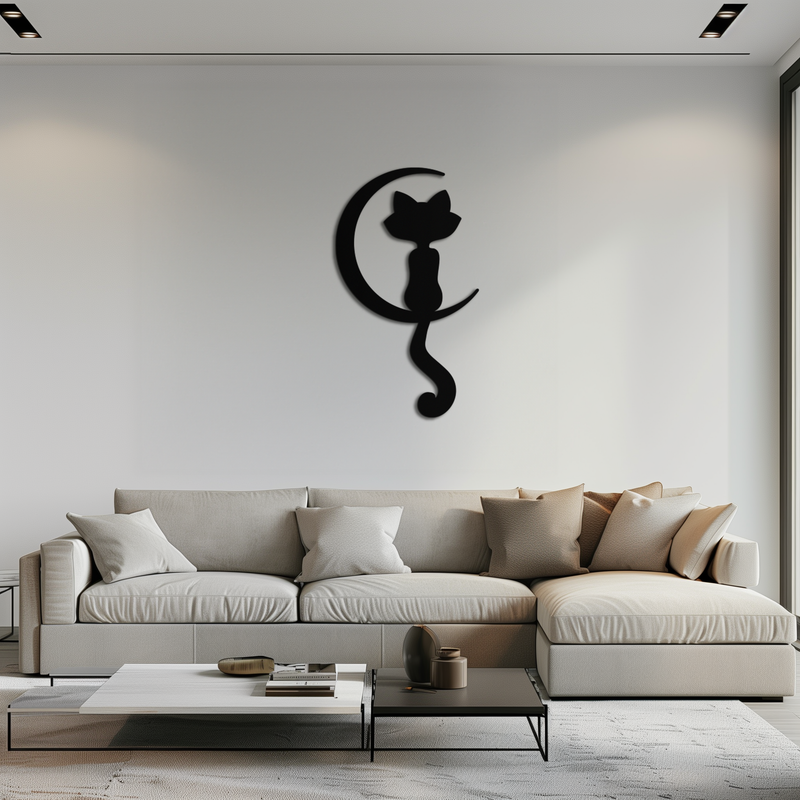 Moonlight Cat Metal Wall Art - Elegant Feline Silhouette Decor - KAF058