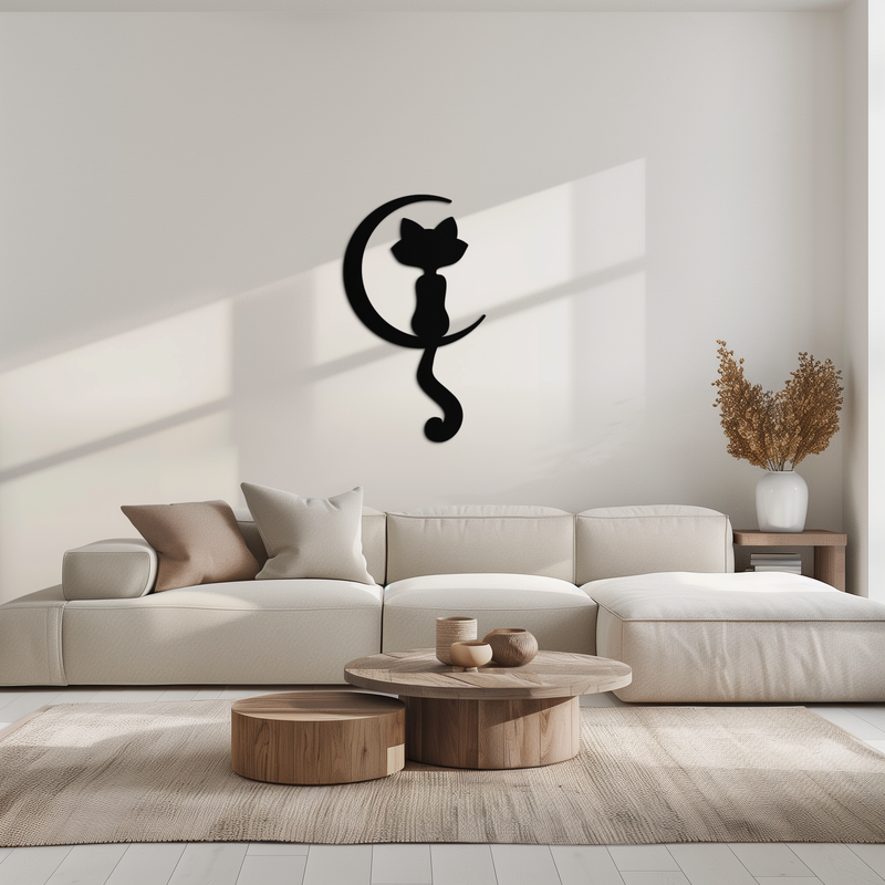 Moonlight Cat Metal Wall Art - Elegant Feline Silhouette Decor - KAF058