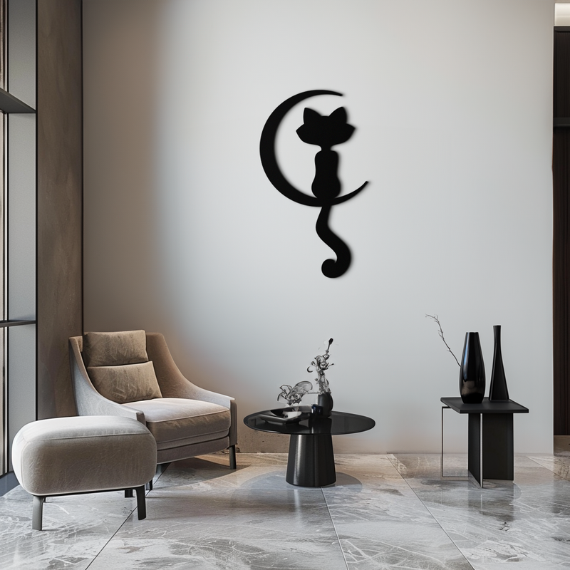 Moonlight Cat Metal Wall Art - Elegant Feline Silhouette Decor - KAF058