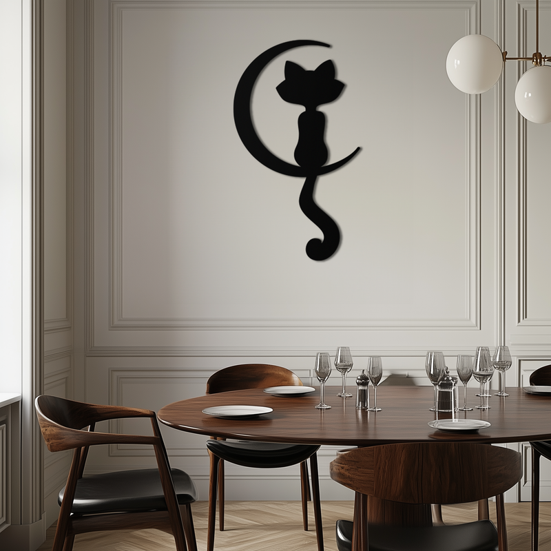 Moonlight Cat Metal Wall Art - Elegant Feline Silhouette Decor - KAF058