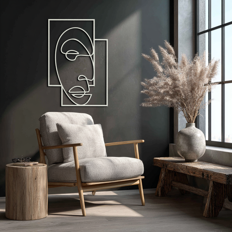 Abstract Minimalist Face Metal Wall Art – Modern Geometric Line Art - KAF064