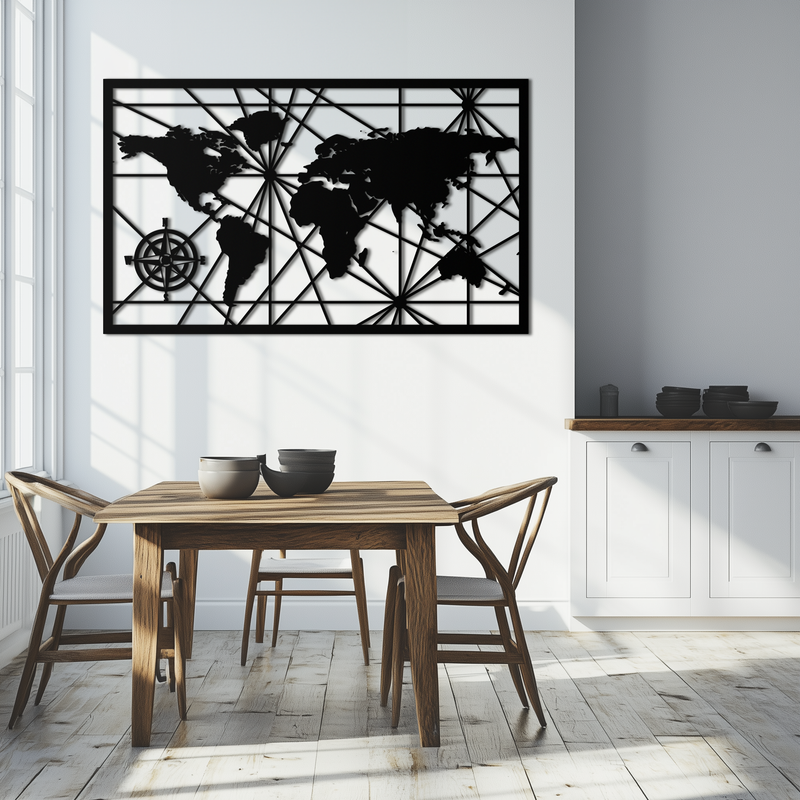 Geometric World Map Metal Wall Art - Modern Minimalist Steel Wall Decor - KAF098