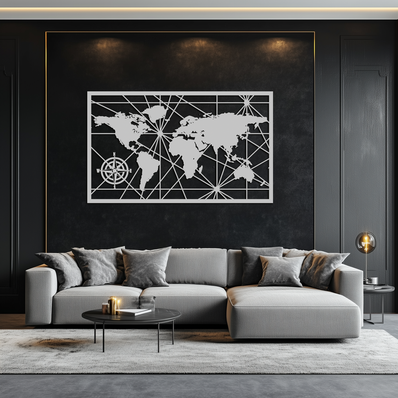 Geometric World Map Metal Wall Art - Modern Minimalist Steel Wall Decor - KAF098