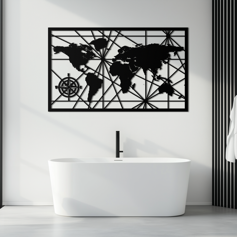 Geometric World Map Metal Wall Art - Modern Minimalist Steel Wall Decor - KAF098