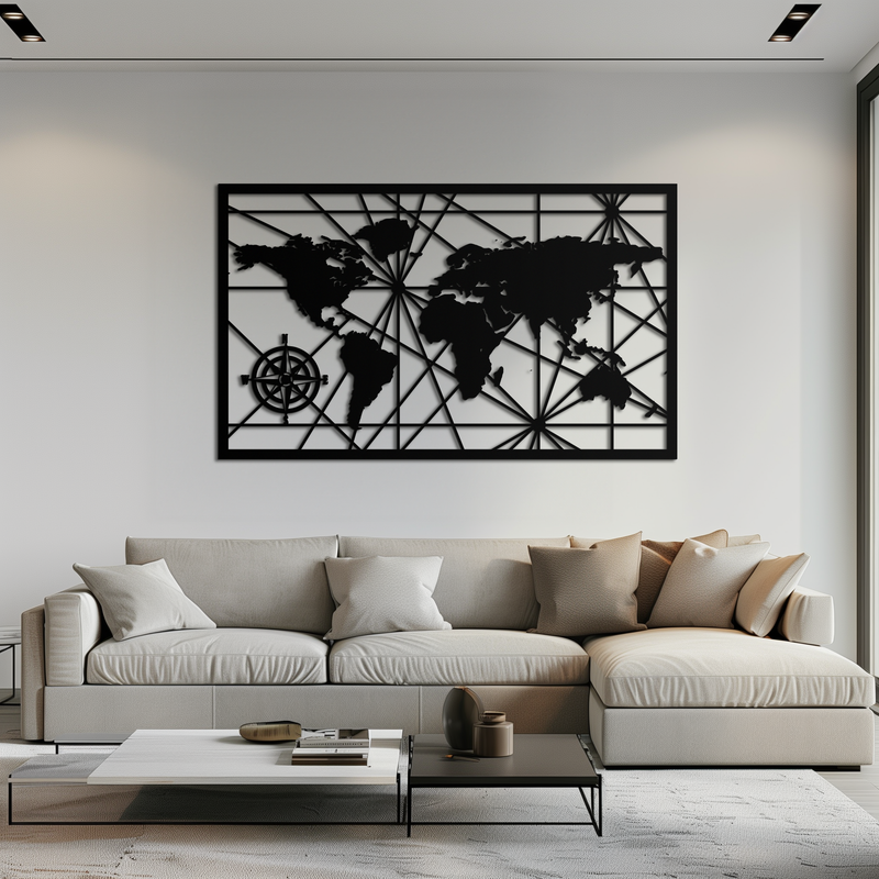 Geometric World Map Metal Wall Art - Modern Minimalist Steel Wall Decor - KAF098