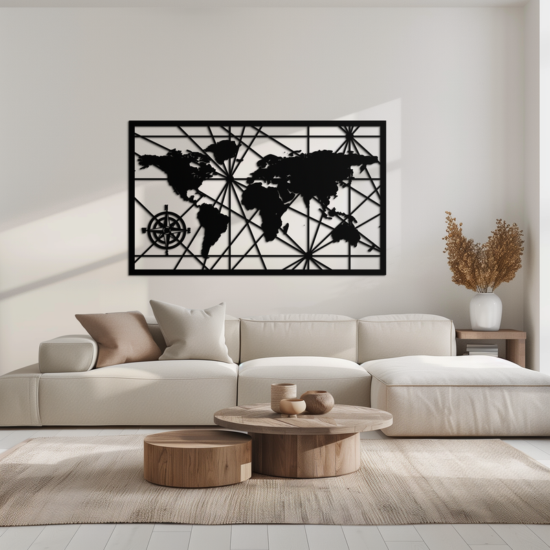 Geometric World Map Metal Wall Art - Modern Minimalist Steel Wall Decor - KAF098