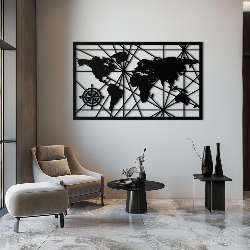 Geometric World Map Metal Wall Art - Modern Minimalist Steel Wall Decor - KAF098