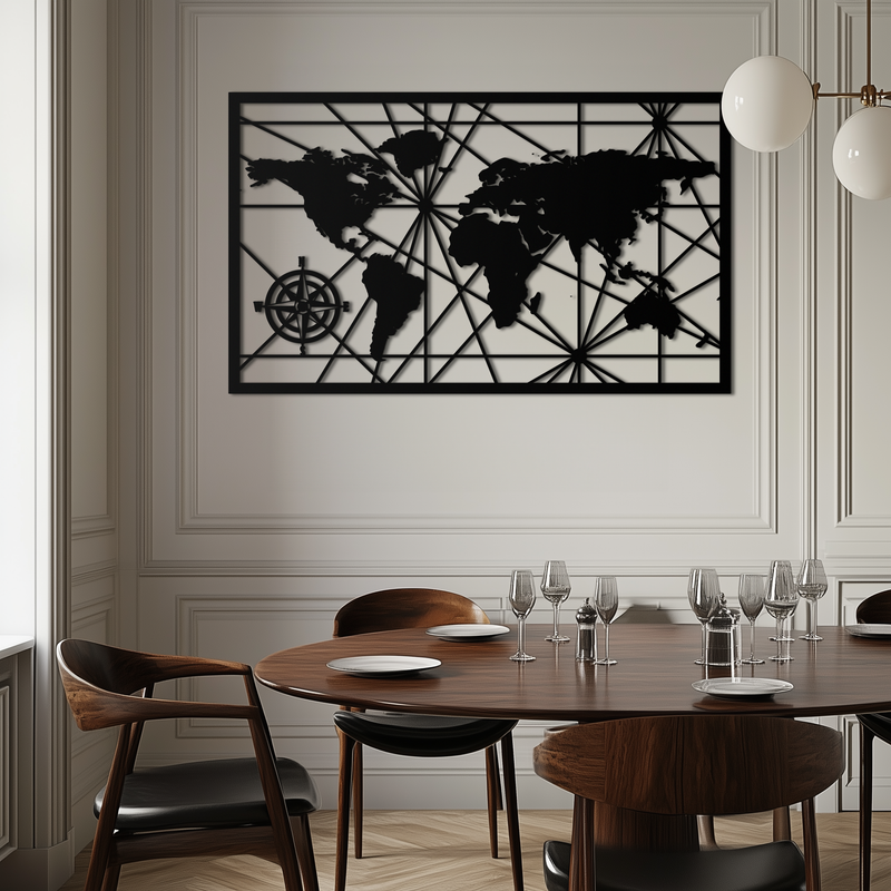 Geometric World Map Metal Wall Art - Modern Minimalist Steel Wall Decor - KAF098