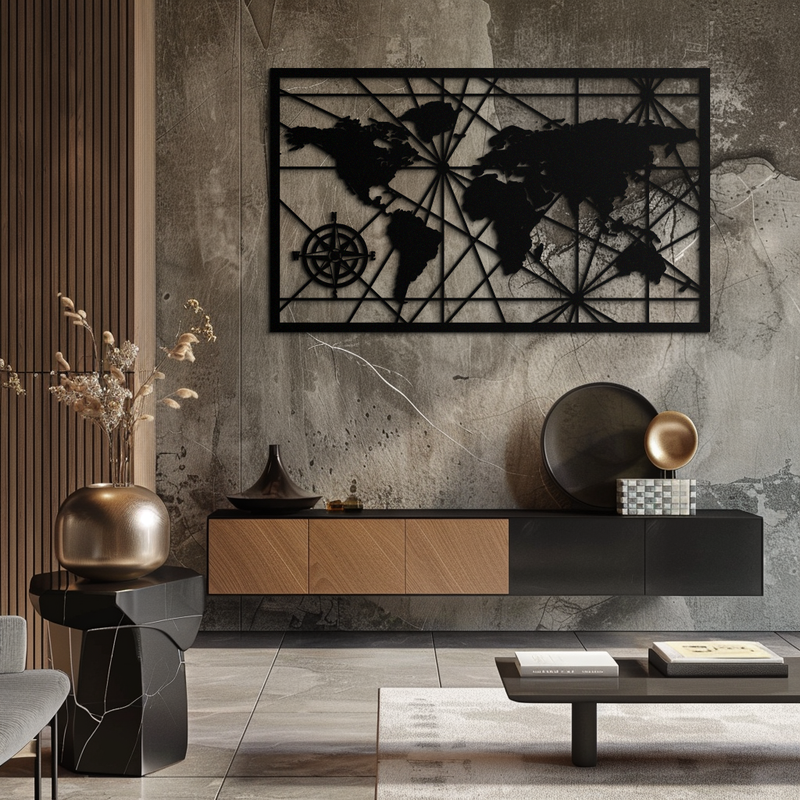 Geometric World Map Metal Wall Art - Modern Minimalist Steel Wall Decor - KAF098