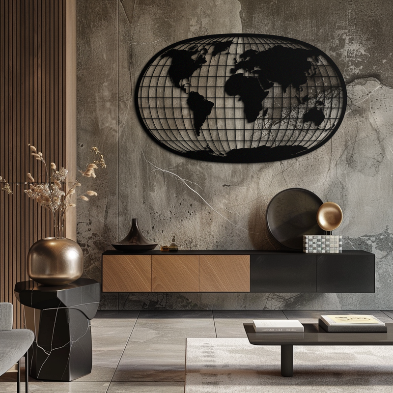 World Map Metal Wall Art - Globe Projection Steel Wall Decor - KAF103