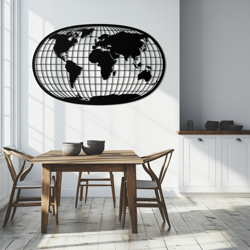 World Map Metal Wall Art - Globe Projection Steel Wall Decor - KAF103