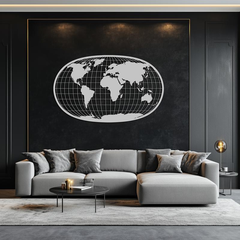 World Map Metal Wall Art - Globe Projection Steel Wall Decor - KAF103