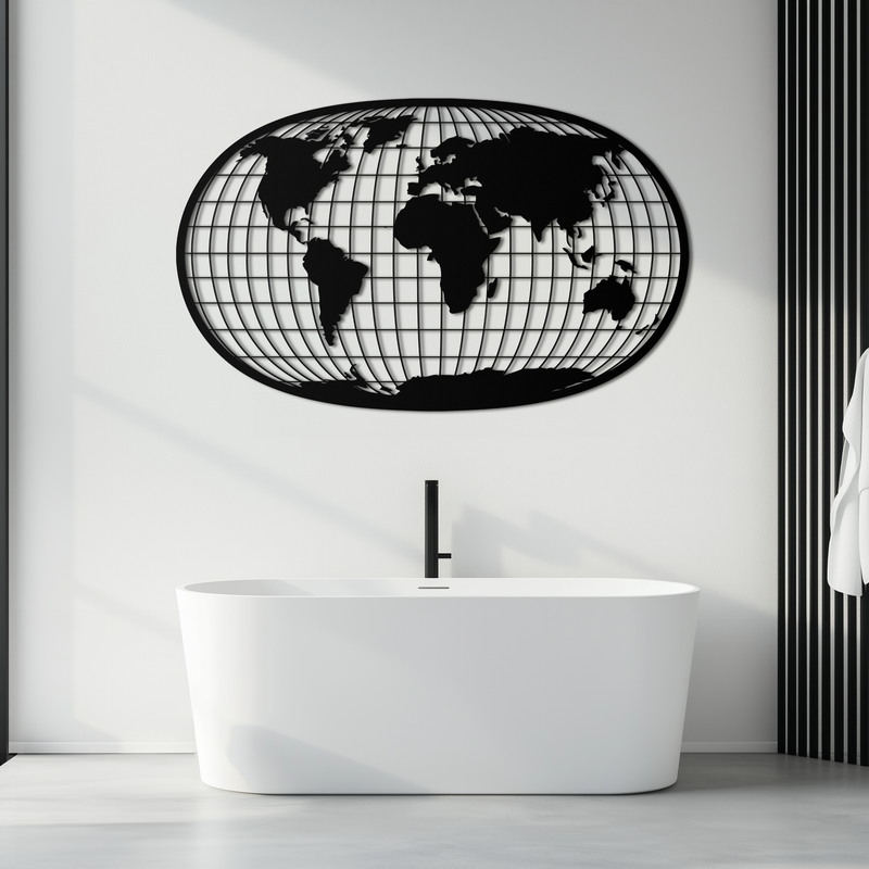 World Map Metal Wall Art - Globe Projection Steel Wall Decor - KAF103