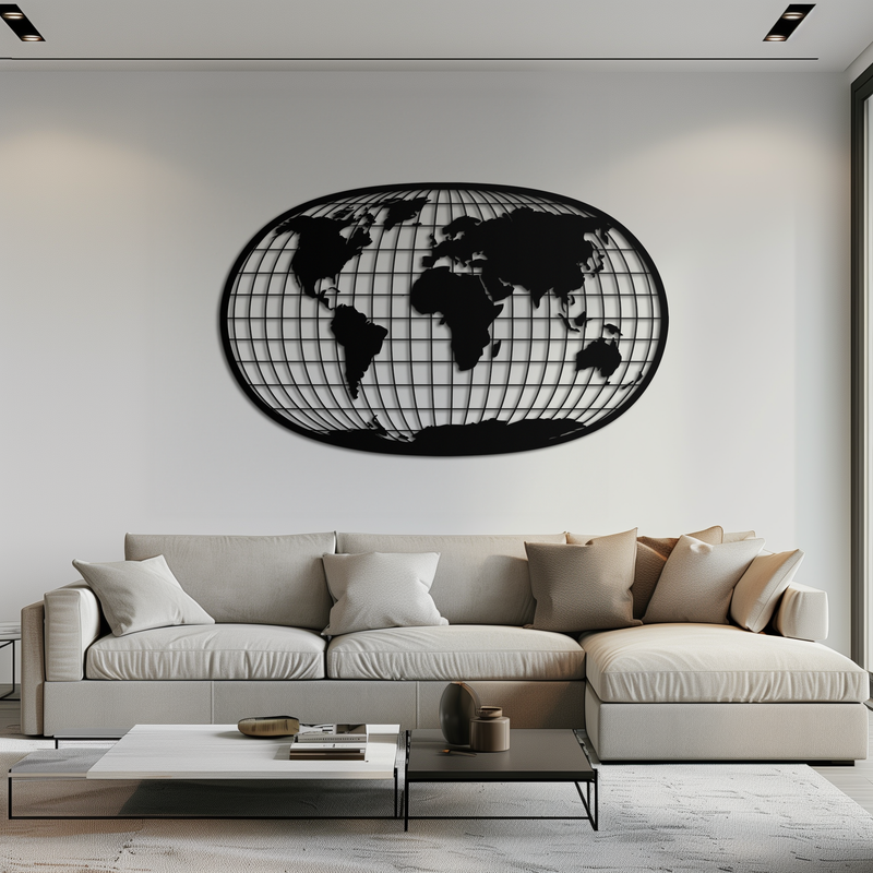 World Map Metal Wall Art - Globe Projection Steel Wall Decor - KAF103