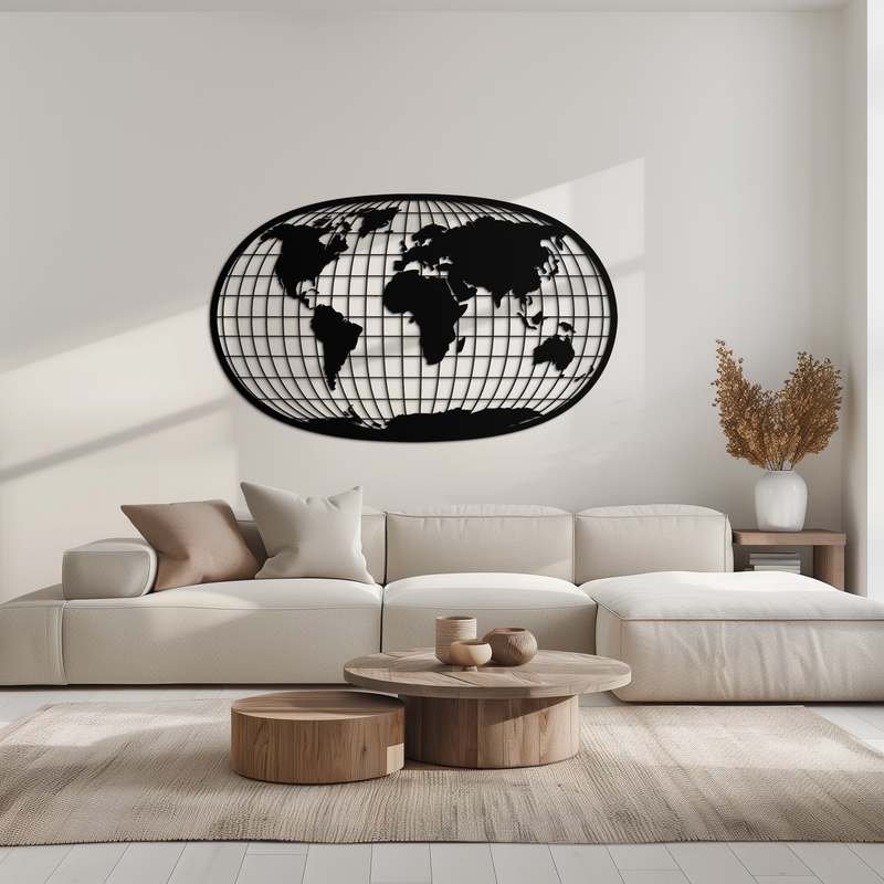 World Map Metal Wall Art - Globe Projection Steel Wall Decor - KAF103