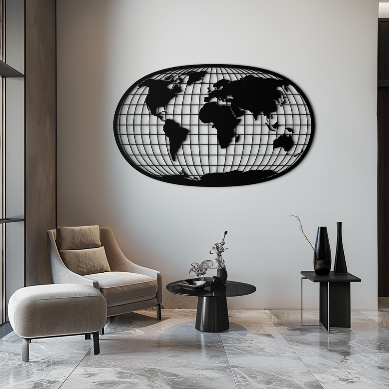 World Map Metal Wall Art - Globe Projection Steel Wall Decor - KAF103