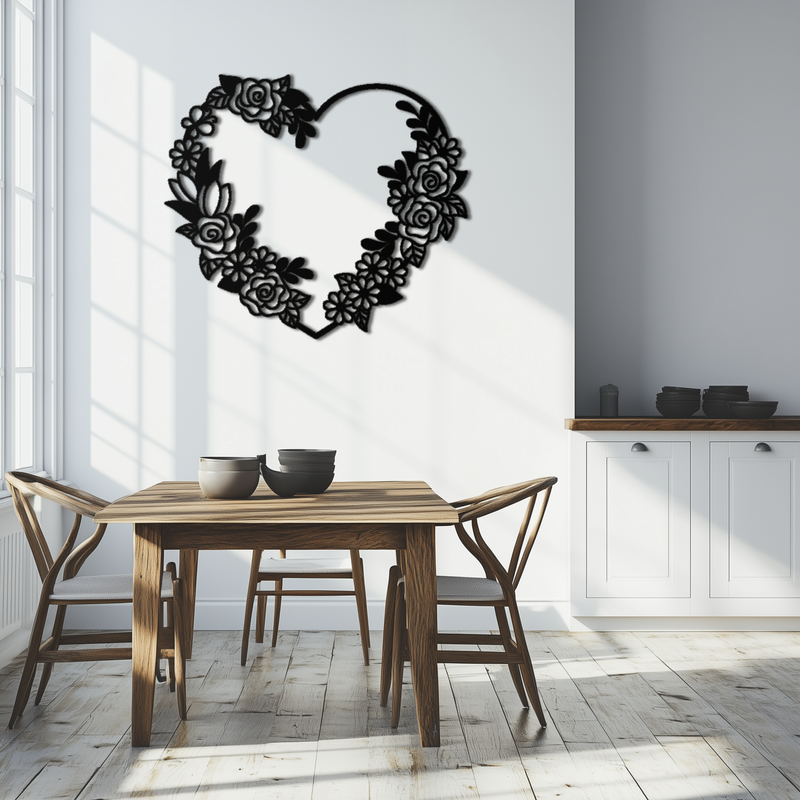 Floral Heart Metal Wall Art - Elegant Steel Rose Wreath - KAF107