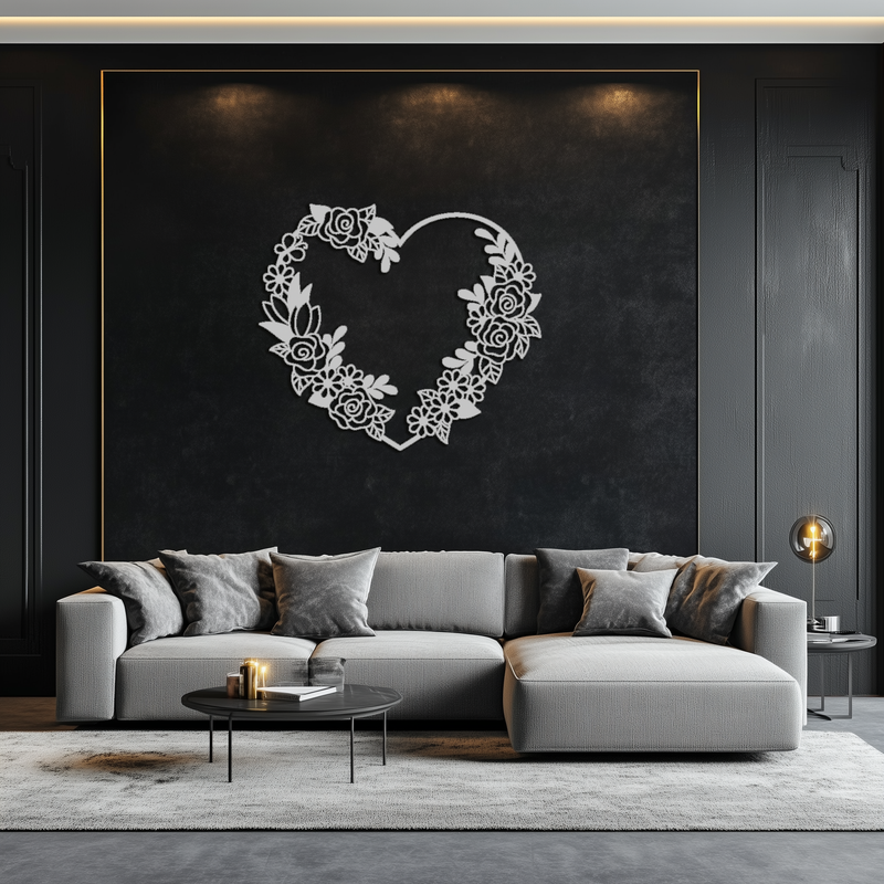 Floral Heart Metal Wall Art - Elegant Steel Rose Wreath - KAF107