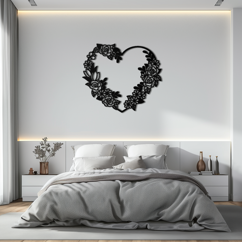 Floral Heart Metal Wall Art - Elegant Steel Rose Wreath - KAF107