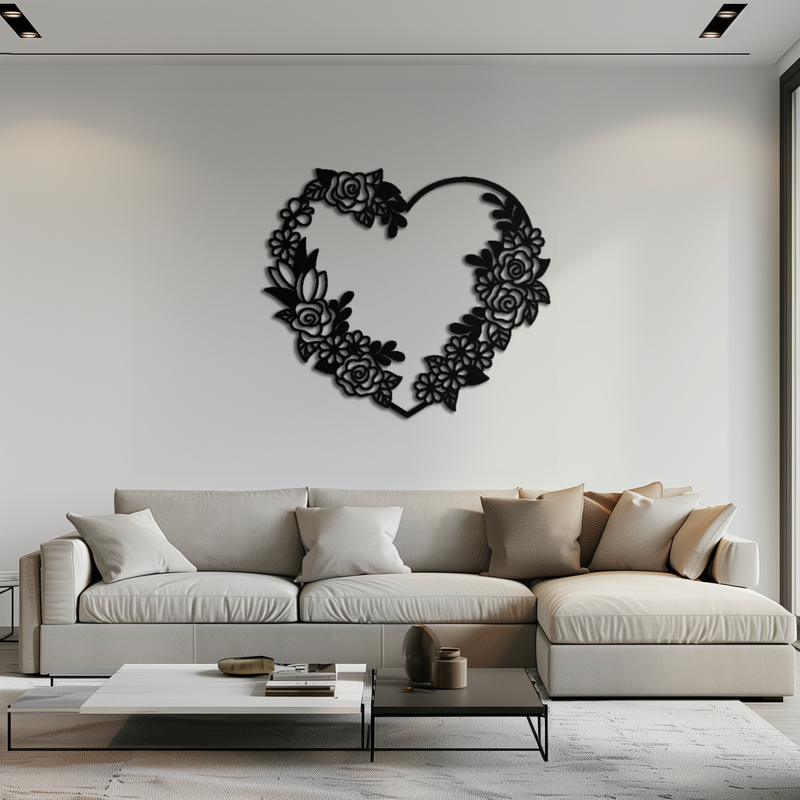 Floral Heart Metal Wall Art - Elegant Steel Rose Wreath - KAF107