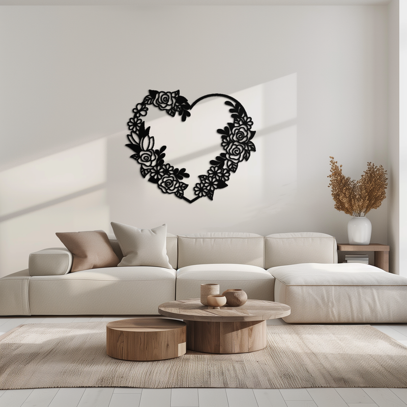 Floral Heart Metal Wall Art - Elegant Steel Rose Wreath - KAF107