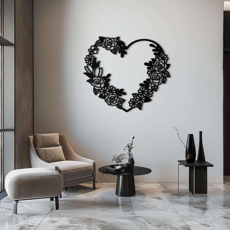 Floral Heart Metal Wall Art - Elegant Steel Rose Wreath - KAF107