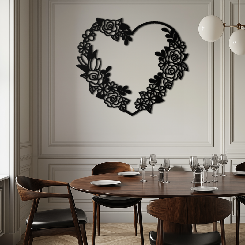 Floral Heart Metal Wall Art - Elegant Steel Rose Wreath - KAF107