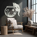 Curious Cat and Fishbowl Metal Wall Art - Playful Geometric Steel Decor - KAF135