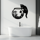 Curious Cat and Fishbowl Metal Wall Art - Playful Geometric Steel Decor - KAF135