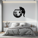 Curious Cat and Fishbowl Metal Wall Art - Playful Geometric Steel Decor - KAF135