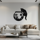 Curious Cat and Fishbowl Metal Wall Art - Playful Geometric Steel Decor - KAF135