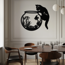 Curious Cat and Fishbowl Metal Wall Art - Playful Geometric Steel Decor - KAF135