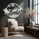 Santa Sleigh Metal Wall Art - Christmas Reindeer & Snowflake Decor- KAF287
