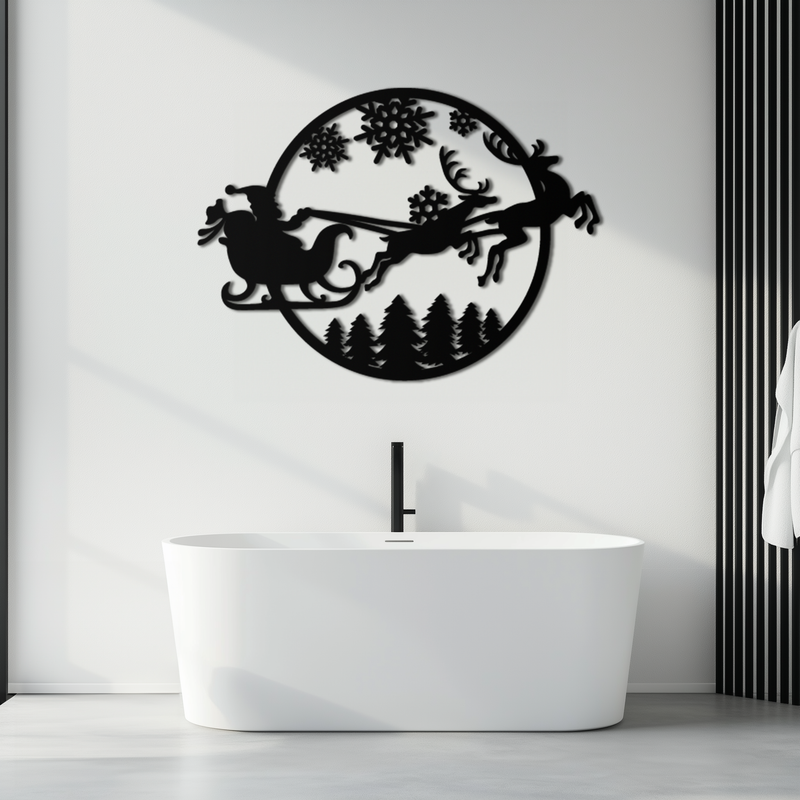 Santa Sleigh Metal Wall Art - Christmas Reindeer & Snowflake Decor- KAF287