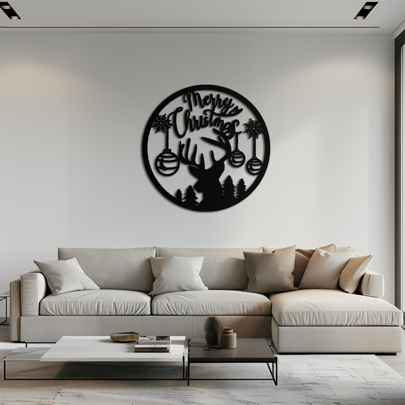 Merry Christmas Metal Wall Art - Festive Reindeer Silhouette Decor- KAF288