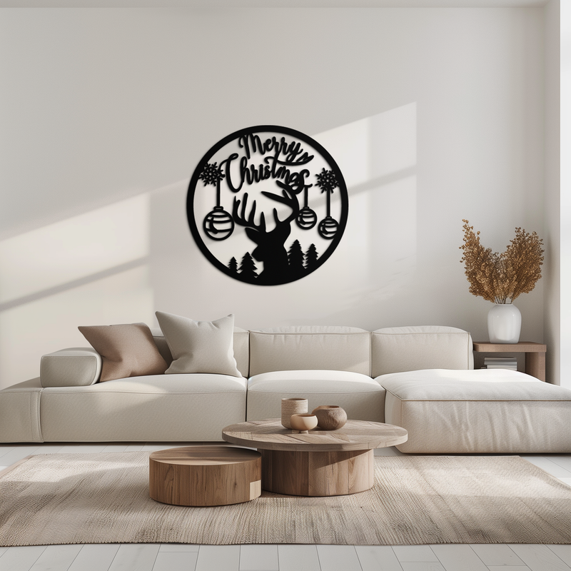 Merry Christmas Metal Wall Art - Festive Reindeer Silhouette Decor- KAF288