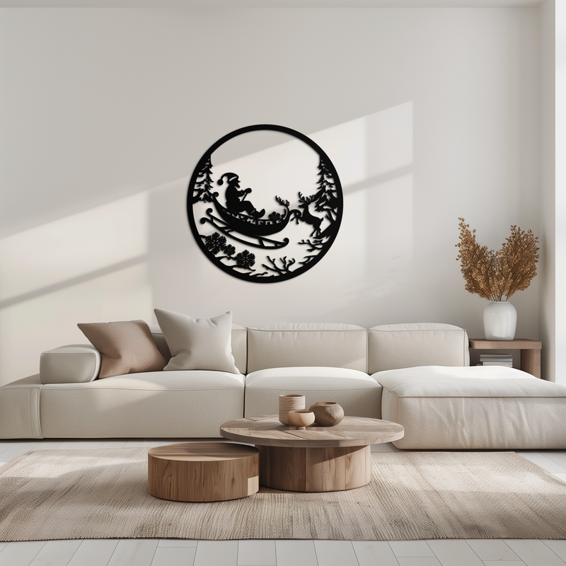 Santa Sleigh Metal Wall Art - Christmas Reindeer & Santa Decor- KAF289