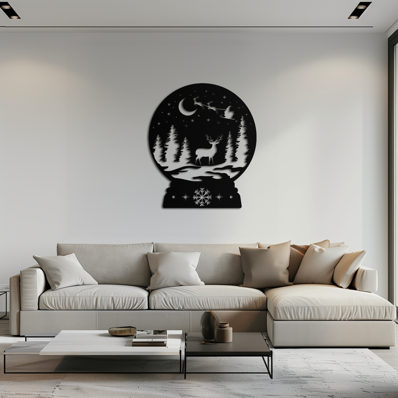 Winter Deer Snow Globe Metal Wall Art - Holiday Forest Scene Decor- KAF302