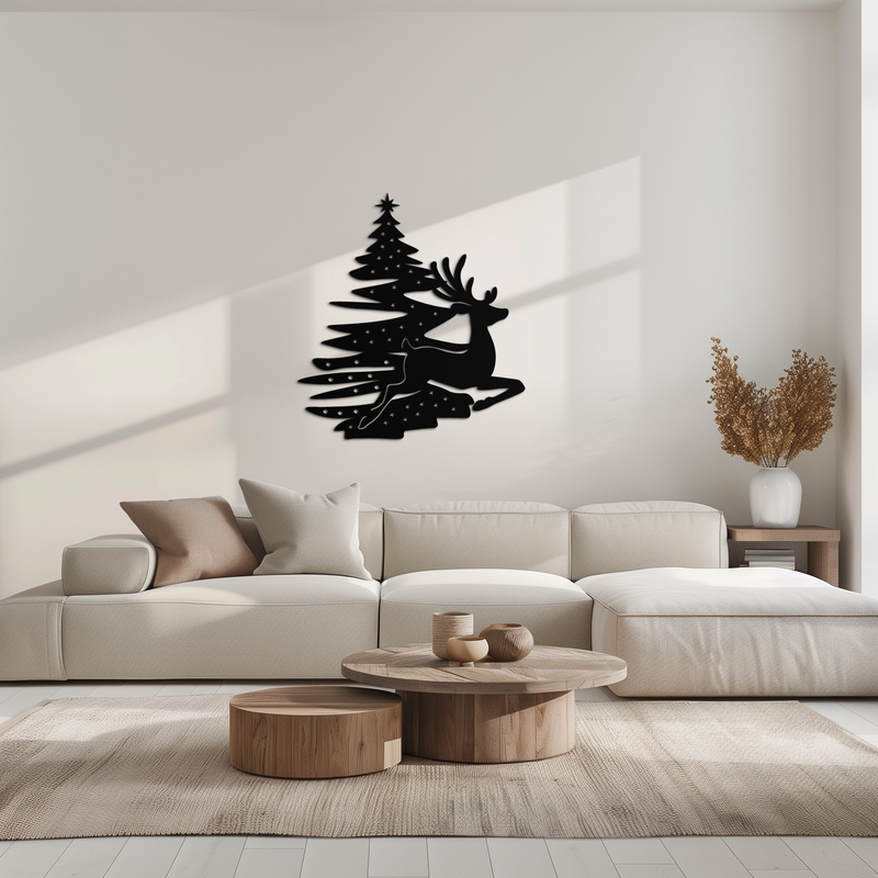 Reindeer and Christmas Tree Metal Wall Art - Festive Holiday Steel Decor- KAF304