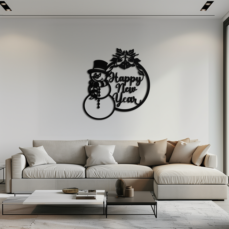 Happy New Year Metal Wall Art - Snowman Holiday Decor for Christmas and Winter- KAF305