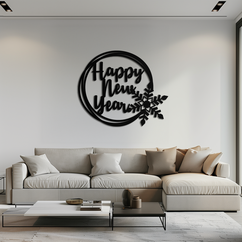 Happy New Year Snowflake Metal Wall Art - Holiday Round Steel Christmas Decor- KAF315
