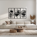 Floral Panel Trio Metal Wall Art - Elegant Black Botanical Wall Decor Set- KAF317