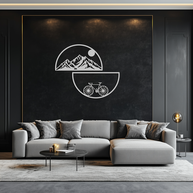 Mountain View Metal Wall Art - Half Circle Bicycle and Landscape Silhouette Decor- KAF321