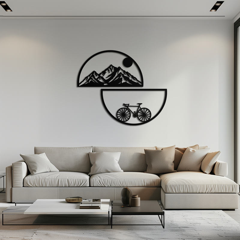 Mountain View Metal Wall Art - Half Circle Bicycle and Landscape Silhouette Decor- KAF321