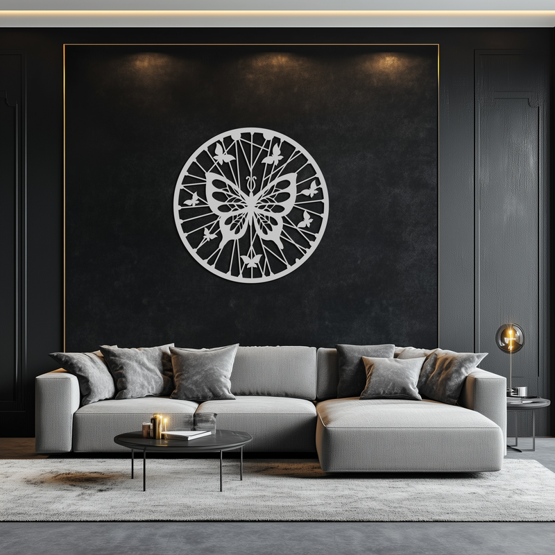 Butterfly Mandala Round Metal Wall Art - Elegant Circle Butterfly Silhouette for Home Decor- KAF322